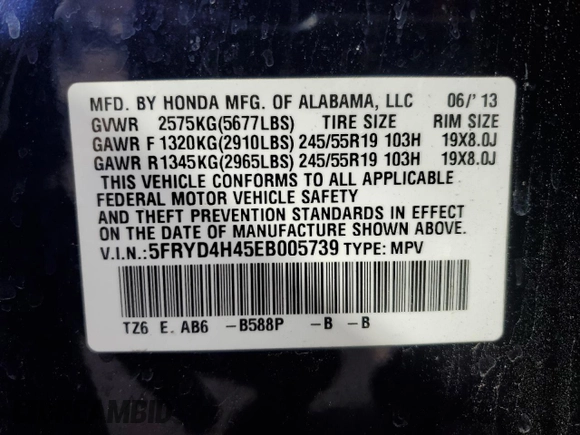 2014 Acura MDX Tech Pkg with VIN 5FRYD4H45EB005739, listed as a Copart auction lot 46707585 with 85,789 mi miles and Salvage Title. Bid and sale history available at carsss.com. Image 13.