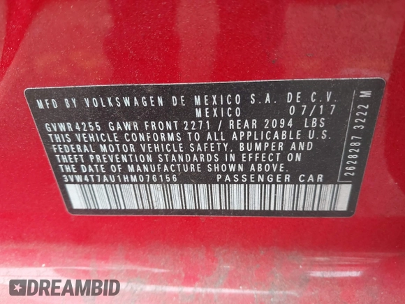 2017 Volkswagen GTI S z VIN 3VW4T7AU1HM076156, wystawiony jako IAAI lot #42216232 z przebiegiem 40 388 mil mil oraz . Historia ofert i sprzedaży dostępna na DreamBid. Obrazek 9.