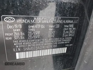 2019 Hyundai Santa Fe SE with VIN 5NMS23AD1KH074388, listed as a IAAI auction lot 41539007 with 123,570 mi miles. Bid and sale history available at carsss.com. Image 9.