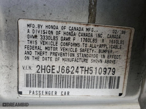 1996 Honda Civic DX with VIN 2HGEJ6624TH510979, listed as a Copart auction lot 88136735 with 208,029 mi miles and Salvage Title. Bid and sale history available at carsss.com. Image 15.