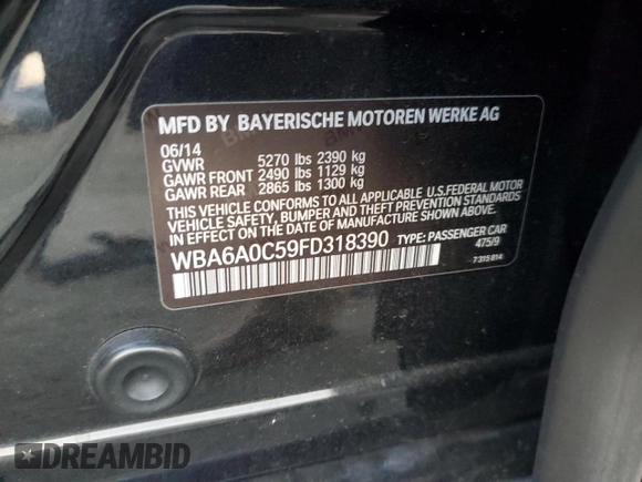 2015 BMW 6 Series 640i z VIN WBA6A0C59FD318390, wystawiony jako Copart lot #87831165 z przebiegiem Nie podano mil oraz Szkoda całkowita • Salvage title. Historia ofert i sprzedaży dostępna na DreamBid. Obrazek 12.