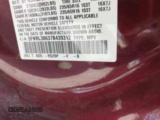 2007 Honda Odyssey EX-L с VIN 5FNRL38637B439312, выставлен на аукционе IAAI как лот 42404344 с пробегом 160 042 миль миль и . История ставок и продаж доступна на DreamBid. Изображение 9.