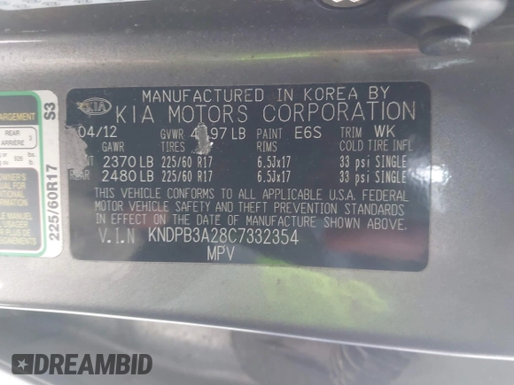 2012 Kia Sportage LX with VIN KNDPB3A28C7332354, listed as a IAAI auction lot 41933058 with 75,938 mi miles. Bid and sale history available at carsss.com. Image 9.
