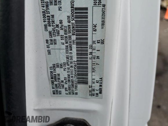 1999 Ford Econoline Passenger XL with VIN 1FBSS31L2XHA95612, listed as a Copart auction lot 72615104 with 211,283 mi miles and Salvage Title. Bid and sale history available at DreamBid. Image 13.