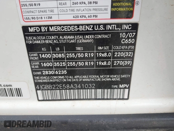 2008 Mercedes-Benz M 320 CDI with VIN 4JGBB22E58A341032, listed as a IAAI auction lot 41676377 with 206,765 mi miles and . Bid and sale history available at DreamBid. Image 9.