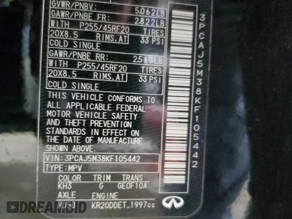 2019 Infiniti QX50 Luxe z VIN 3PCAJ5M38KF105442, wystawiony jako Copart lot #59209025 z przebiegiem 129 840 mil mil oraz Szkoda całkowita • Salvage title. Historia ofert i sprzedaży dostępna na DreamBid. Obrazek 14.