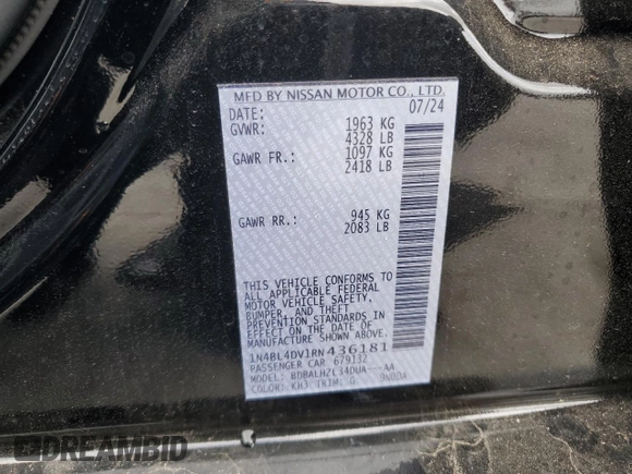 2024 Nissan Altima 2.5 SV with VIN 1N4BL4DV1RN436181, listed as a Copart auction lot 47572835 with 698 mi miles and Salvage Title. Bid and sale history available at carsss.com. Image 12.