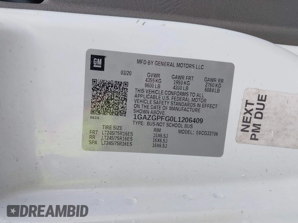 2020 Chevrolet Express Passenger LT with VIN 1GAZGPFG0L1206409, listed as a IAAI auction lot 42489455 with 114,452 mi miles and . Bid and sale history available at DreamBid. Image 9.