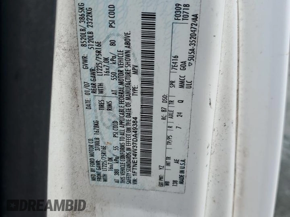 2007 Ford Econoline Cargo Commercial with VIN 1FTNE14W37DA49384, listed as a Copart auction lot 47226195 with Not Provided miles and Clean Title. Bid and sale history available at DreamBid. Image 13.