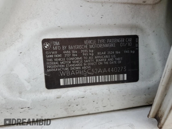 2010 BMW 3 Series 328i with VIN WBAPH5C52AA440273, listed as a Copart auction lot 74540174 with 268,703 mi miles and Salvage title. Bid and sale history available at DreamBid. Image 12.