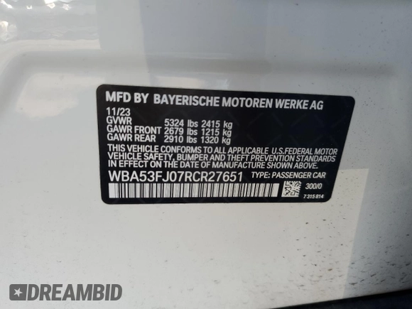 2024 BMW 5 Series 530i xDrive with VIN WBA53FJ07RCR27651, listed as a Copart auction lot 67997984 with 3,694 mi miles and Salvage Title. Bid and sale history available at carsss.com. Image 12.