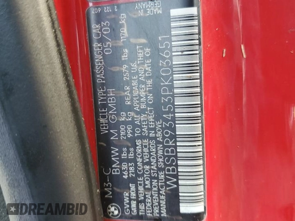 2003 BMW 3 Series M3 with VIN WBSBR93453PK03651, listed as a Copart auction lot 74519584 with 0 mi miles and Salvage Title. Bid and sale history available at carsss.com. Image 14.