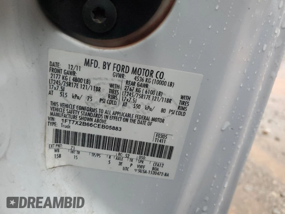2012 Ford F-250 XL с VIN 1FT7X2B66CEB05883, выставлен на аукционе Copart как лот 54372085 с пробегом 255 836 миль миль и Списание • Salvage title. История ставок и продаж доступна на DreamBid. Изображение 12.
