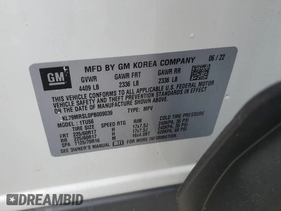 2023 Chevrolet TrailBlazer LT with VIN KL79MRSL0PB009039, listed as a Copart auction lot 57890914 with Not Provided miles and Salvage Title. Bid and sale history available at DreamBid. Image 13.