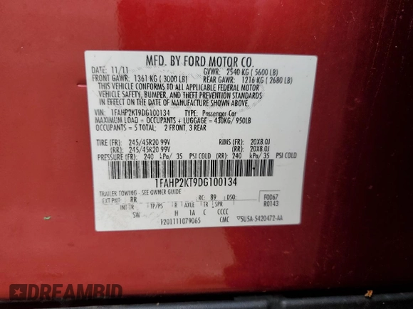 2013 Ford Taurus SHO с VIN 1FAHP2KT9DG100134, выставлен на аукционе Copart как лот 58626825 с пробегом 200 760 миль миль и Чистый • Clean title. История ставок и продаж доступна на DreamBid. Изображение 12.