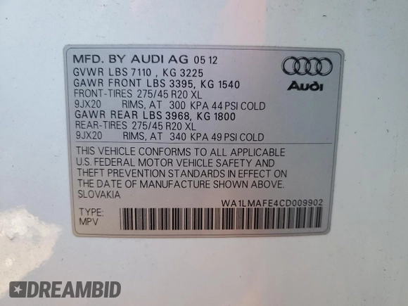 2012 Audi Q7 3.0L TDI Premium Plus with VIN WA1LMAFE4CD009902, listed as a Copart auction lot 45940605 with 135,465 mi miles and Clean Title. Bid and sale history available at carsss.com. Image 12.