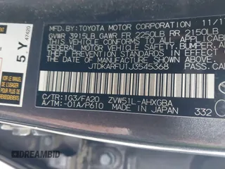 2018 Toyota Prius Two with VIN JTDKARFU1J3545368, listed as a IAAI auction lot 41510475 with 152,233 mi miles. Bid and sale history available at carsss.com. Image 9.