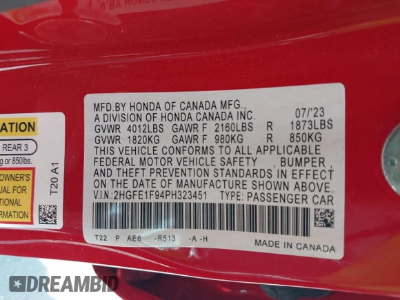 2023 Honda Civic Touring with VIN 2HGFE1F94PH323451, listed as a IAAI auction lot 42383422 with 6,120 mi miles and . Bid and sale history available at DreamBid. Image 9.