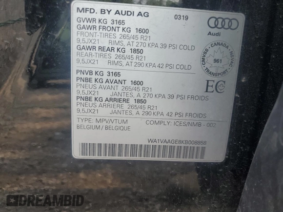 2019 Audi e-tron Prestige with VIN WA1VAAGE8KB008858, listed as a Copart auction lot 56161725 with 123,111 mi miles and Clean title. Bid and sale history available at DreamBid. Image 14.