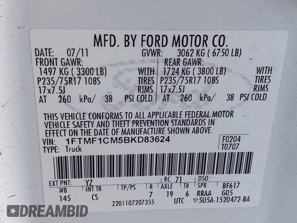 2011 Ford F-150 XL with VIN 1FTMF1CM5BKD83624, listed as a IAAI auction lot 41828095 with 144,141 mi miles. Bid and sale history available at carsss.com. Image 9.