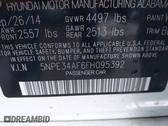 2015 Hyundai Sonata Limited with VIN 5NPE34AF6FH095392, listed as a IAAI auction lot 41813547 with 75,513 mi miles and . Bid and sale history available at carsss.com. Image 9.