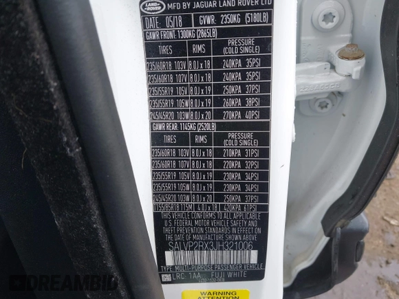 2018 Land Rover Range Rover Evoque SE with VIN SALVP2RX3JH321006, listed as a IAAI auction lot 41810994 with 53,642 mi miles and . Bid and sale history available at DreamBid. Image 9.