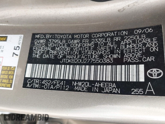 2007 Toyota Prius with VIN JTDKB20U277550383, listed as a IAAI auction lot 42101916 with 186,708 mi miles. Bid and sale history available at carsss.com. Image 9.
