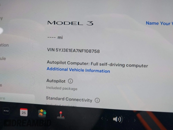 2022 Tesla Model 3 with VIN 5YJ3E1EA7NF108758, listed as a IAAI auction lot 41824437 with Not Provided miles. Bid and sale history available at carsss.com. Image 16.