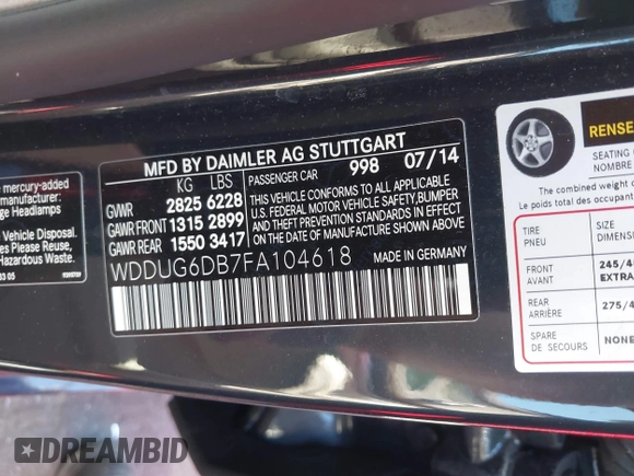 2015 Mercedes-Benz S 550e with VIN WDDUG6DB7FA104618, listed as a IAAI auction lot 41593622 with 59,127 mi miles and . Bid and sale history available at DreamBid. Image 9.