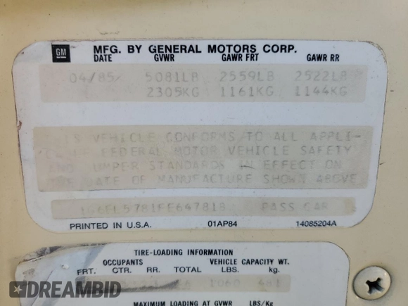 1985 Cadillac Eldorado z VIN 1G6EL5781FE647818, wystawiony jako Copart lot #77608224 z przebiegiem 7 192 mil mil oraz Czysty tytuł • Clean title. Historia ofert i sprzedaży dostępna na DreamBid. Obrazek 12.