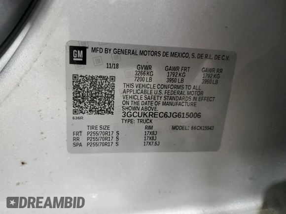 2018 Chevrolet Silverado 1500 LT with VIN 3GCUKREC6JG615006, listed as a Copart auction lot 88089605 with Not Provided miles and Salvage Title. Bid and sale history available at DreamBid. Image 12.