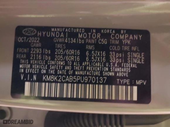 2023 Hyundai Kona SE with VIN KM8K2CAB5PU970137, listed as a IAAI auction lot 41493226 with 47,809 mi miles. Bid and sale history available at carsss.com. Image 9.