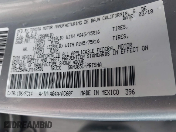 2018 Toyota Tacoma SR with VIN 3TMCZ5AN4JM148581, listed as a IAAI auction lot 41462945 with 115,655 mi miles. Bid and sale history available at carsss.com. Image 9.