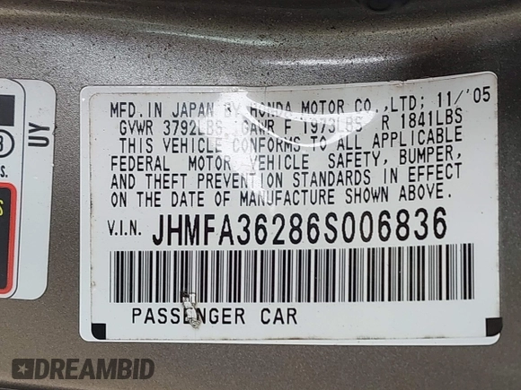 2006 Honda Civic z VIN JHMFA36286S006836, wystawiony jako IAAI lot #42324244 z przebiegiem 217 417 mil mil oraz . Historia ofert i sprzedaży dostępna na DreamBid. Obrazek 9.