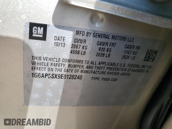 2014 Cadillac CTS Sedan RWD with VIN 1G6AP5SX9E0128240, listed as a Copart auction lot 52949005 with 56,018 mi miles and Clean Title. Bid and sale history available at carsss.com. Image 12.