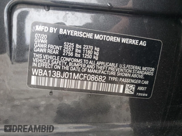 2021 BMW 5 Series 530i xDrive with VIN WBA13BJ01MCF08682, listed as a Copart auction lot 85048744 with 42,550 mi miles and Salvage title. Bid and sale history available at DreamBid. Image 12.