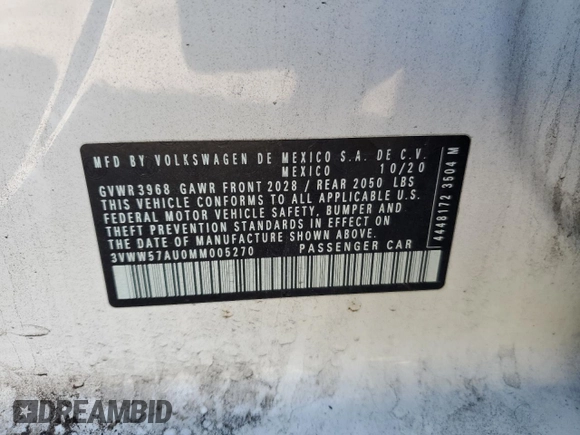 2021 Volkswagen Golf TSI с VIN 3VWW57AU0MM005270, выставлен на аукционе Copart как лот 53454104 с пробегом 76 414 миль миль и . История ставок и продаж доступна на DreamBid. Изображение 12.