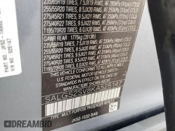 2019 Land Rover Range Rover HSE with VIN SALGS2SV8KA525147, listed as a Copart auction lot 63260595 with 47,219 mi miles and Salvage title. Bid and sale history available at DreamBid. Image 13.