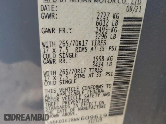 2022 Nissan Frontier Pro-X with VIN 1N6ED1EJ8NN609619, listed as a Copart auction lot 86608994 with 76,078 mi miles and Salvage title. Bid and sale history available at DreamBid. Image 13.