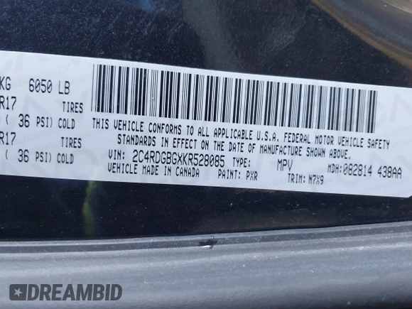2019 Dodge Grand Caravan SE with VIN 2C4RDGBGXKR528085, listed as a IAAI auction lot 41946407 with 166,854 mi miles and . Bid and sale history available at DreamBid. Image 9.