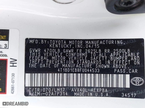 2015 Toyota Avalon Hybrid XLE Touring with VIN 4T1BD1EB8FU044533, listed as a IAAI auction lot 41914580 with 104,739 mi miles. Bid and sale history available at carsss.com. Image 9.