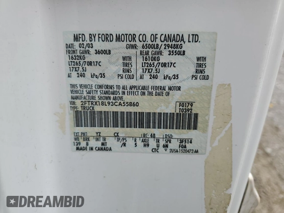 2003 Ford F-150 XL z VIN 2FTRX18L93CA55860, wystawiony jako Copart lot #57402295 z przebiegiem 312 879 mil mil oraz Szkoda całkowita • Salvage title. Historia ofert i sprzedaży dostępna na DreamBid. Obrazek 12.