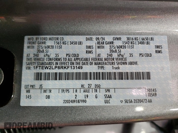2024 Ford F-150 STX with VIN 1FTEW2LP8RKF13149, listed as a Copart auction lot 50226125 with 2,637 mi miles and Salvage Title. Bid and sale history available at carsss.com. Image 13.