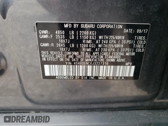 2018 Subaru Outback Limited with VIN 4S4BSENC0J3227316, listed as a Copart auction lot 58999725 with 45,841 mi miles and Salvage title. Bid and sale history available at DreamBid. Image 13.