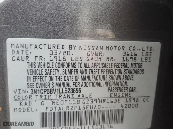 2020 Nissan Kicks S with VIN 3N1CP5BV1LL523696, listed as a Copart auction lot 80803304 with 0 mi miles and Non Repairable. Bid and sale history available at carsss.com. Image 14.