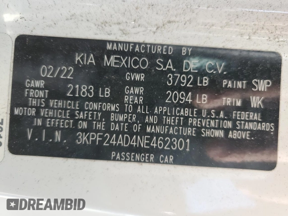 2022 Kia Forte LXS with VIN 3KPF24AD4NE462301, listed as a Copart auction lot 47878545 with 67,634 mi miles and Salvage Title. Bid and sale history available at DreamBid. Image 15.