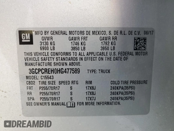 2017 Chevrolet Silverado 1500 LT with VIN 3GCPCREH0HG477589, listed as a Copart auction lot 61572834 with 72,038 mi miles and Salvage Title. Bid and sale history available at DreamBid. Image 13.