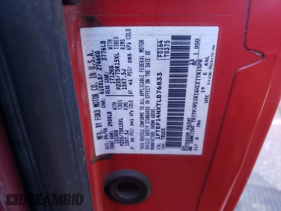 1996 Ford F-150 with VIN 1FTEF14NXTLB76833, listed as a Copart auction lot 82742374 with 250,375 mi miles and Salvage title. Bid and sale history available at DreamBid. Image 12.