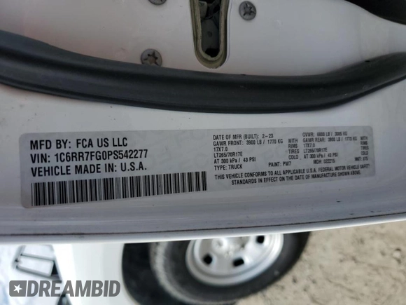 2023 Ram 1500 Tradesman z VIN 1C6RR7FG0PS542277, wystawiony jako Copart lot #56850795 z przebiegiem 55 005 mil mil oraz Szkoda całkowita • Salvage title. Historia ofert i sprzedaży dostępna na DreamBid. Obrazek 12.