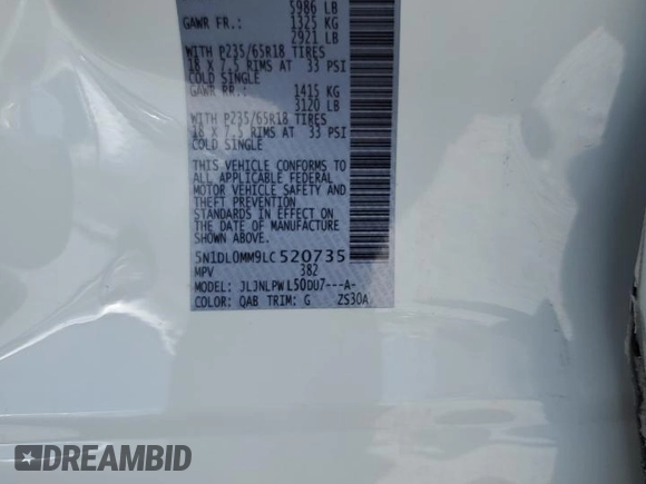 2020 Infiniti QX60 Pure with VIN 5N1DL0MM9LC520735, listed as a Copart auction lot 58567435 with 66,737 mi miles and Salvage title. Bid and sale history available at DreamBid. Image 13.